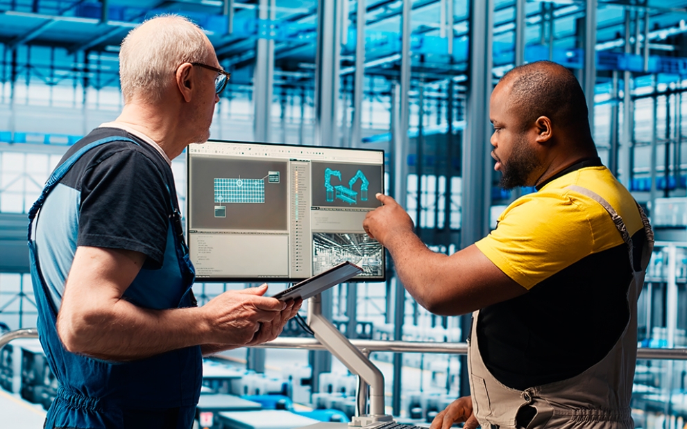 Two engineers reviewing industrial quality reports on a computer screen in a modern factory setting