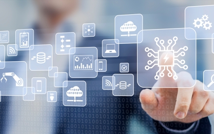 Business professional interacting with a digital technology interface showing data, cloud computing, and automation icons.