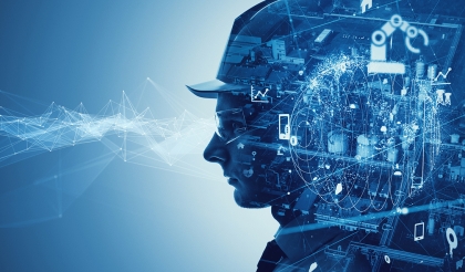 Profile of an industrial worker wearing a helmet, overlaid with digital data, network connections, and AI icons representing smart manufacturing and Industry 5.0.